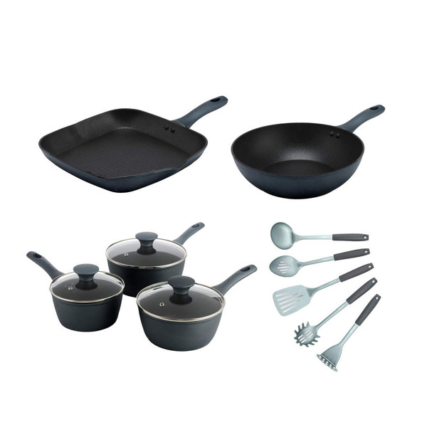 Cookware set with three saucepans, square grill pan, round frying pan and six utensils, black