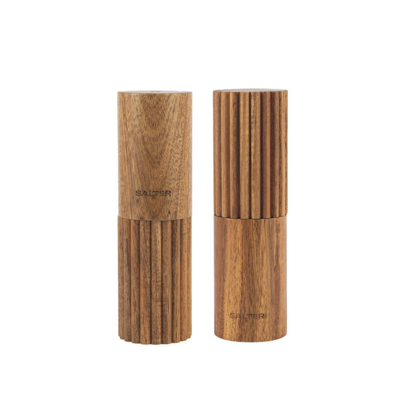 Pair of wooden salt and pepper mills with ribbed detail, natural finish.