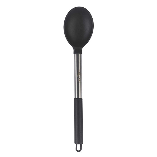 Black nylon serving spoon with stainless steel handle and hanging loop