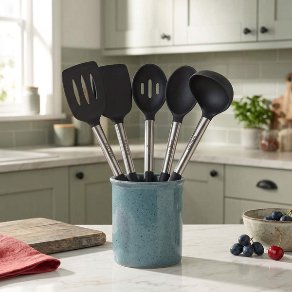 Set of five black kitchen utensils with stainless steel handles in a ceramic holder