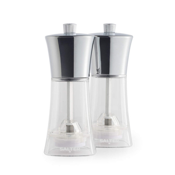 Pair of Salter clear acrylic and silver salt and pepper mills, front view