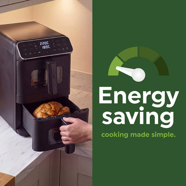 Black dual drawer air fryer on kitchen counter, touchscreen display in use