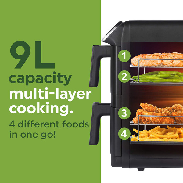 Black dual drawer air fryer on kitchen counter, touchscreen display in use