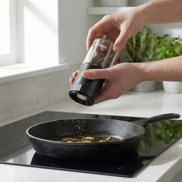 Hand using black Salter grinder to season food in frying pan on induction hob