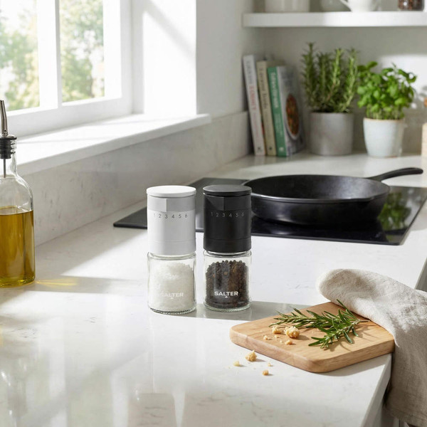 Salt and pepper grinders in white and black on kitchen counter near herbs and chopping board