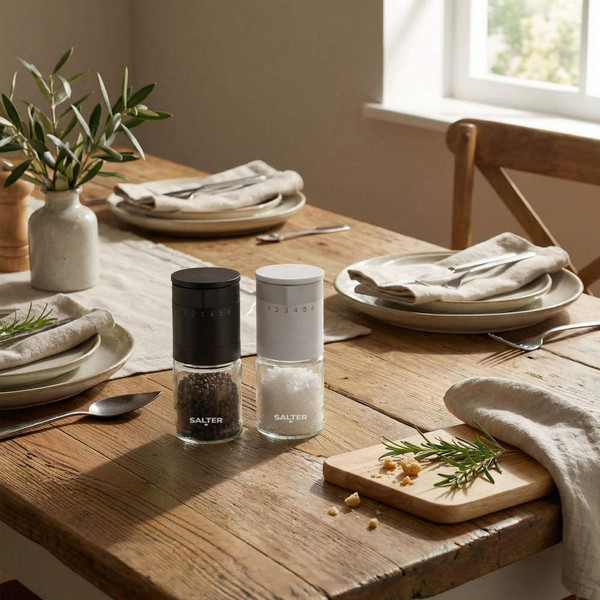 Set of black and white salt and pepper grinders on rustic dining table