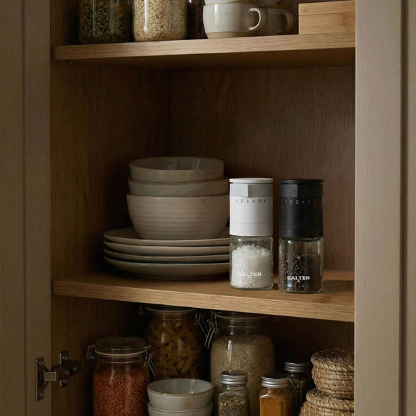 White and black salt and pepper grinders in a kitchen cupboard beside bowls and jars.