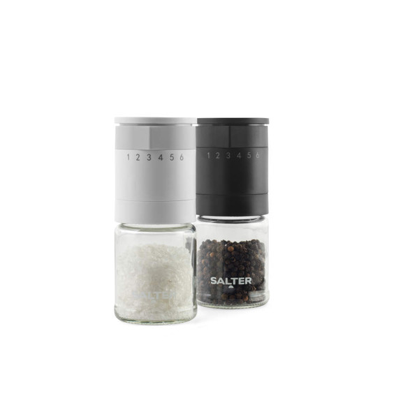 Set of two Salter salt and pepper grinders, white and black, shown filled.