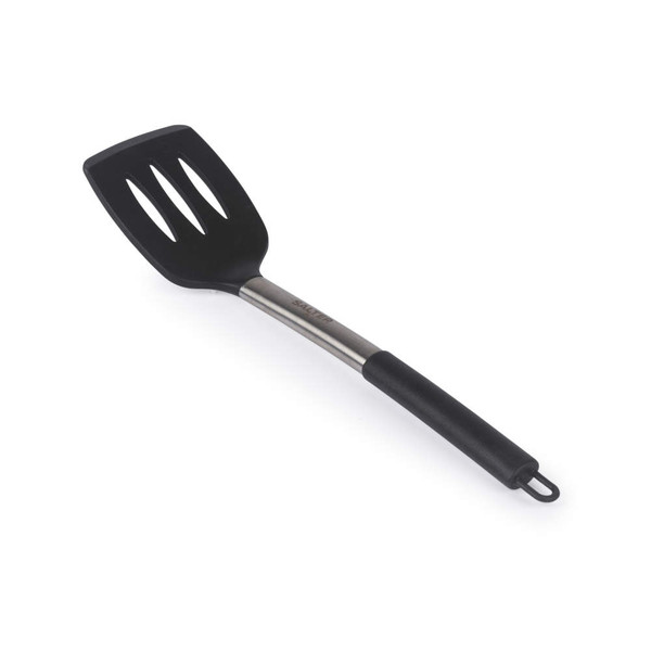 Black slotted turner with silver handle, shown at angle on white background