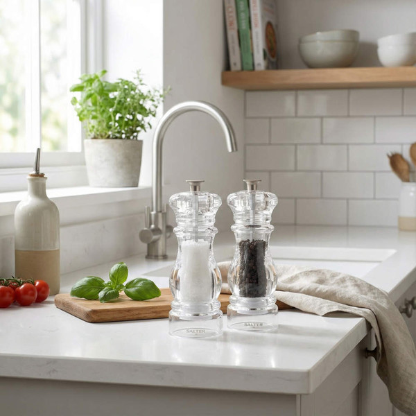 Clear acrylic salt and pepper mills set on kitchen worktop.