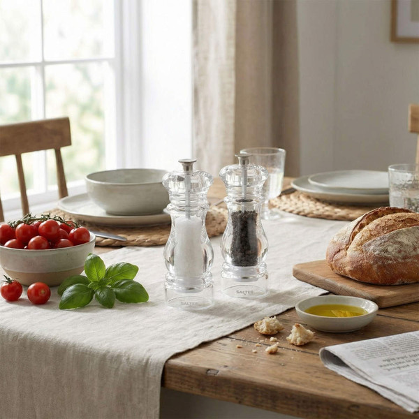 Clear acrylic salt and pepper mills set on kitchen table, shown with bread and tomatoes.