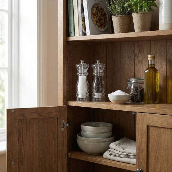 Salt and pepper mills, oil bottle and herbs on a wooden kitchen shelf