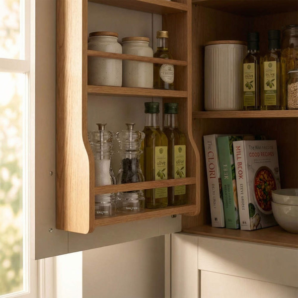 Kitchen cabinet shelf with olive oil bottles, spice jars and cookbooks.