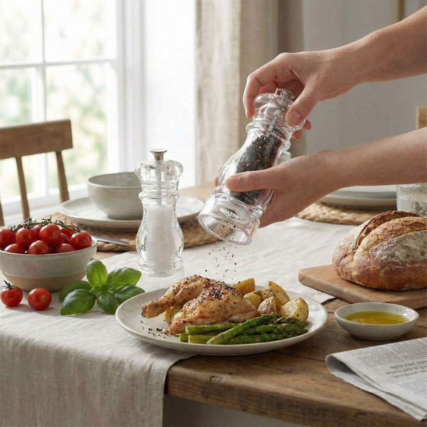 Clear pepper grinder seasoning chicken and vegetables on dining table