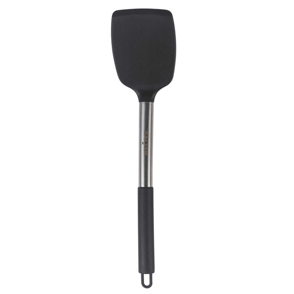 Black nylon slotted spatula with stainless steel handle, shown from above.