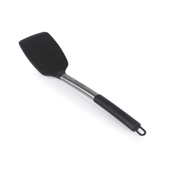 Black and silver slotted turner utensil, angled handle, isolated on white
