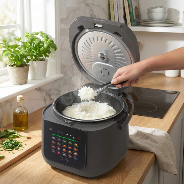 Digital rice cooker with touchscreen, showing cooked white rice being served