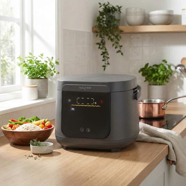 Salter grey multi-cooker with digital display on kitchen worktop