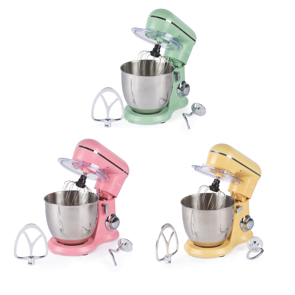 Green yellow and pink stand mixers with stainless steel bowl and three attachments