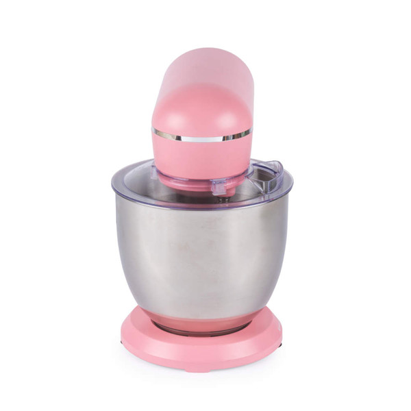 Pink stand mixer with stainless steel bowl, front view