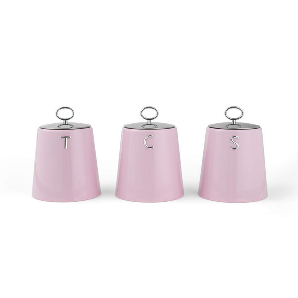 Set of three pink kitchen storage jars with silver lids labelled T, C and S.