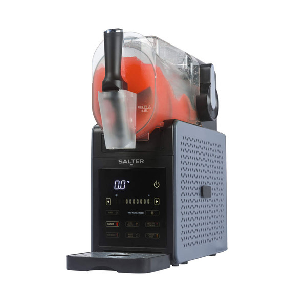 Electric slushie maker with display and red slushie mix in clear tank, side view
