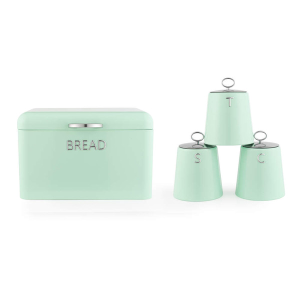 Set of mint green kitchen canisters for bread, tea, sugar, and coffee