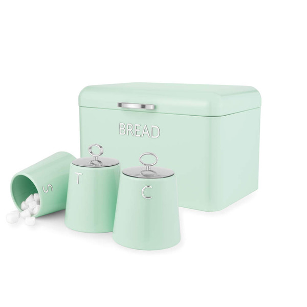 Mint green bread bin and matching tea, coffee, sugar canisters on kitchen counter