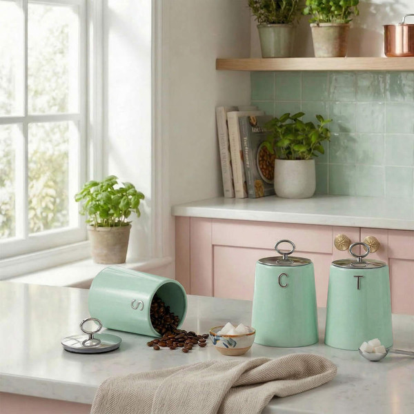 Green metal bread bin with loaf inside, angled view