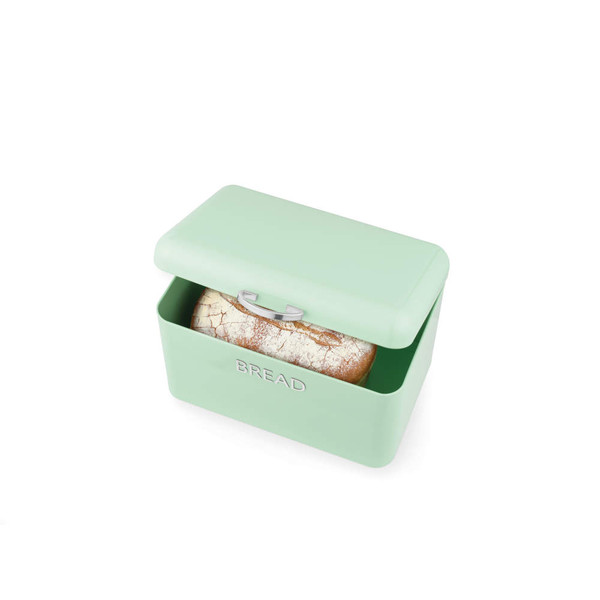 Green metal bread bin with loaf inside, angled view