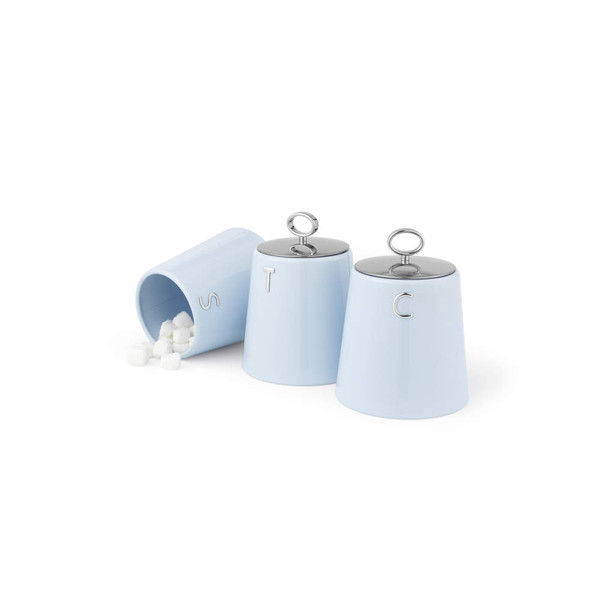 Set of three light blue kitchen canisters for sugar, tea, and coffee with silver lids.