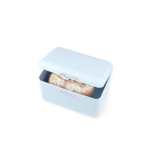 Light blue bread bin with loaf inside, part-open lid, embossed 'BREAD' text
