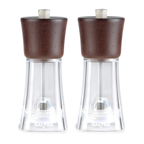 Set of two clear acrylic and dark wood salt and pepper mills, side by side.