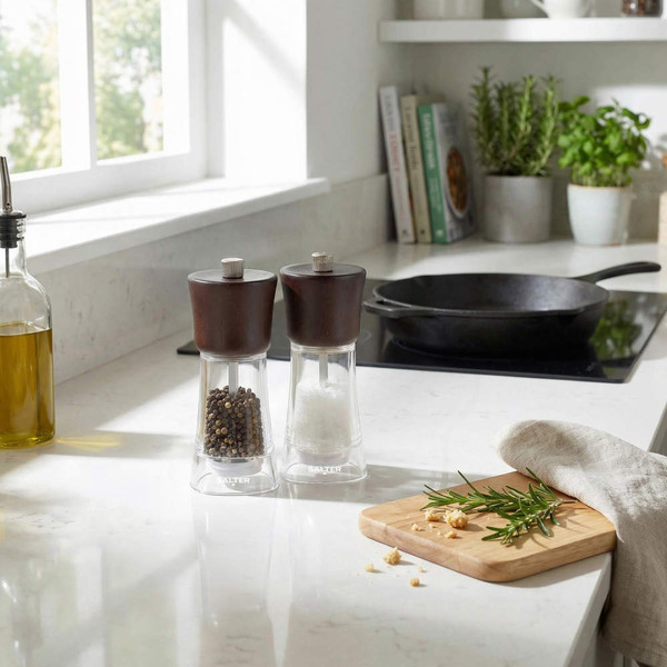 Salt and pepper grinders with dark wood tops on kitchen counter