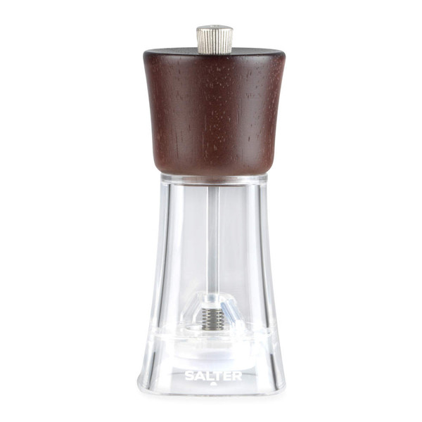 Clear acrylic and dark wood salt mill, straight-sided, front view