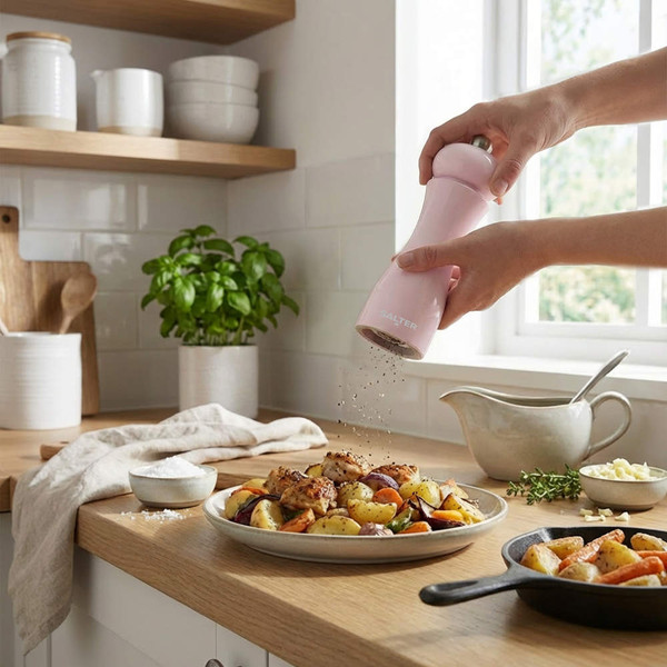 Pink electric salt or pepper mill seasoning roast chicken and vegetables in kitchen