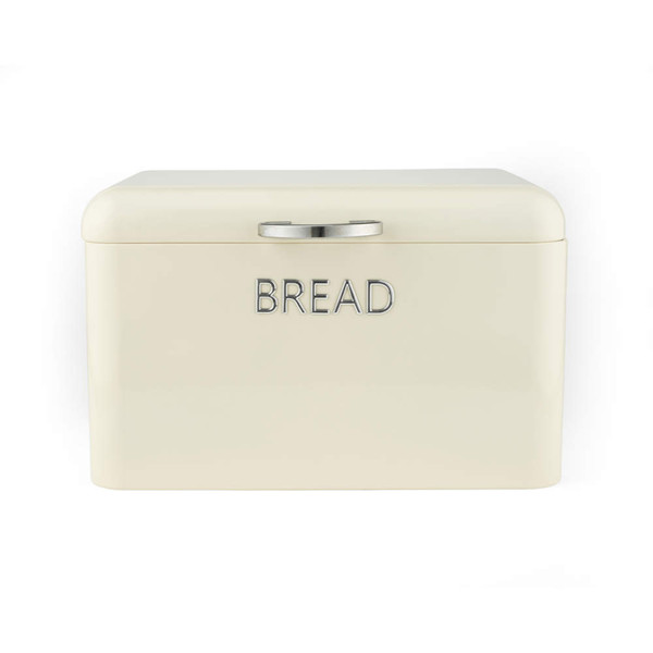Cream metal bread bin with raised silver handle and 'BREAD' lettering, shown front view