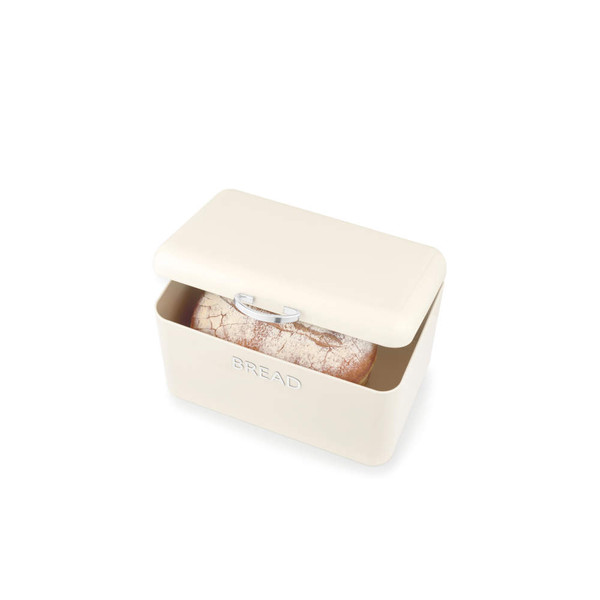 Cream metal bread bin with lid, showing a loaf of bread inside
