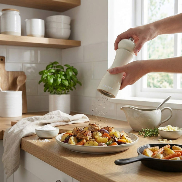White pepper mill grinding over roast chicken and vegetables in a bright kitchen