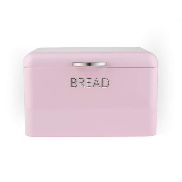 Pink metal bread bin with chrome handle, shown from the front.