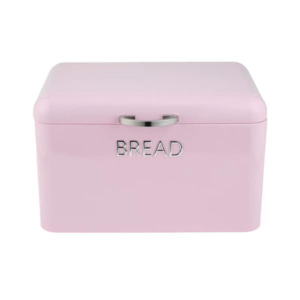 Pink metal bread bin with silver handle, front view