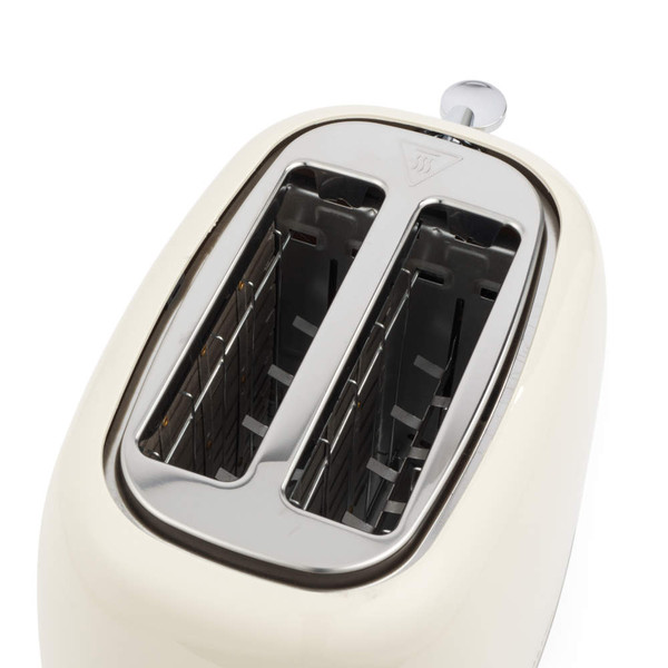 Cream 2-slice toaster with reheat, defrost and cancel buttons, front view.