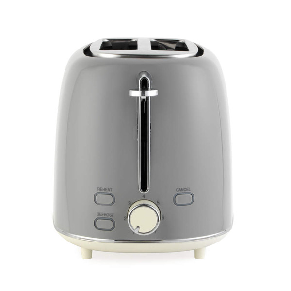 Grey 2-slice toaster with reheat, defrost and cancel buttons, front view