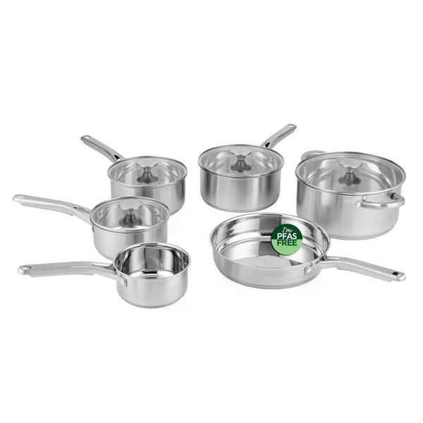 6-piece stainless steel saucepan and frying pan set with glass lids, PFAS free
