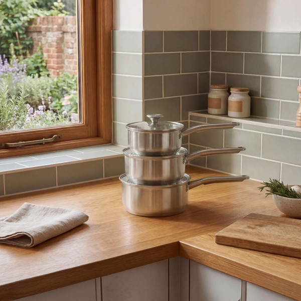 Set of three silver saucepans with lids stacked on kitchen worktop
