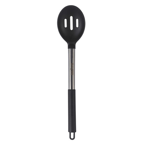 Black slotted serving spoon with stainless steel handle, shown on white background
