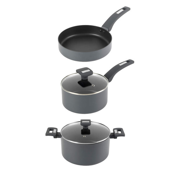 Set of three grey non-stick cookware items: frying pan, saucepan with lid, casserole pot with lid