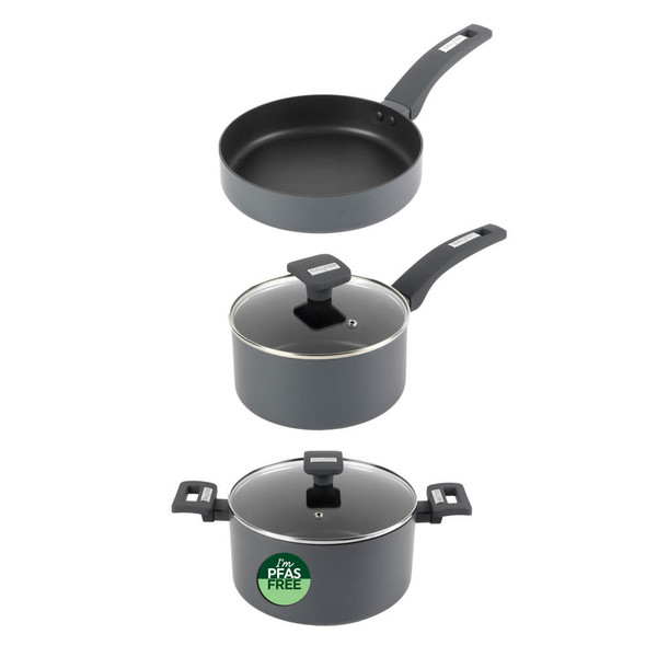 Three-piece grey cookware set: frying pan, saucepan with lid, stockpot with PFAS free label