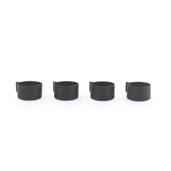 Set of four black espresso cups, matte finish, shown side by side, product image.