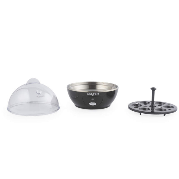 Salter black egg cooker disassembled showing lid, base and tray for six eggs